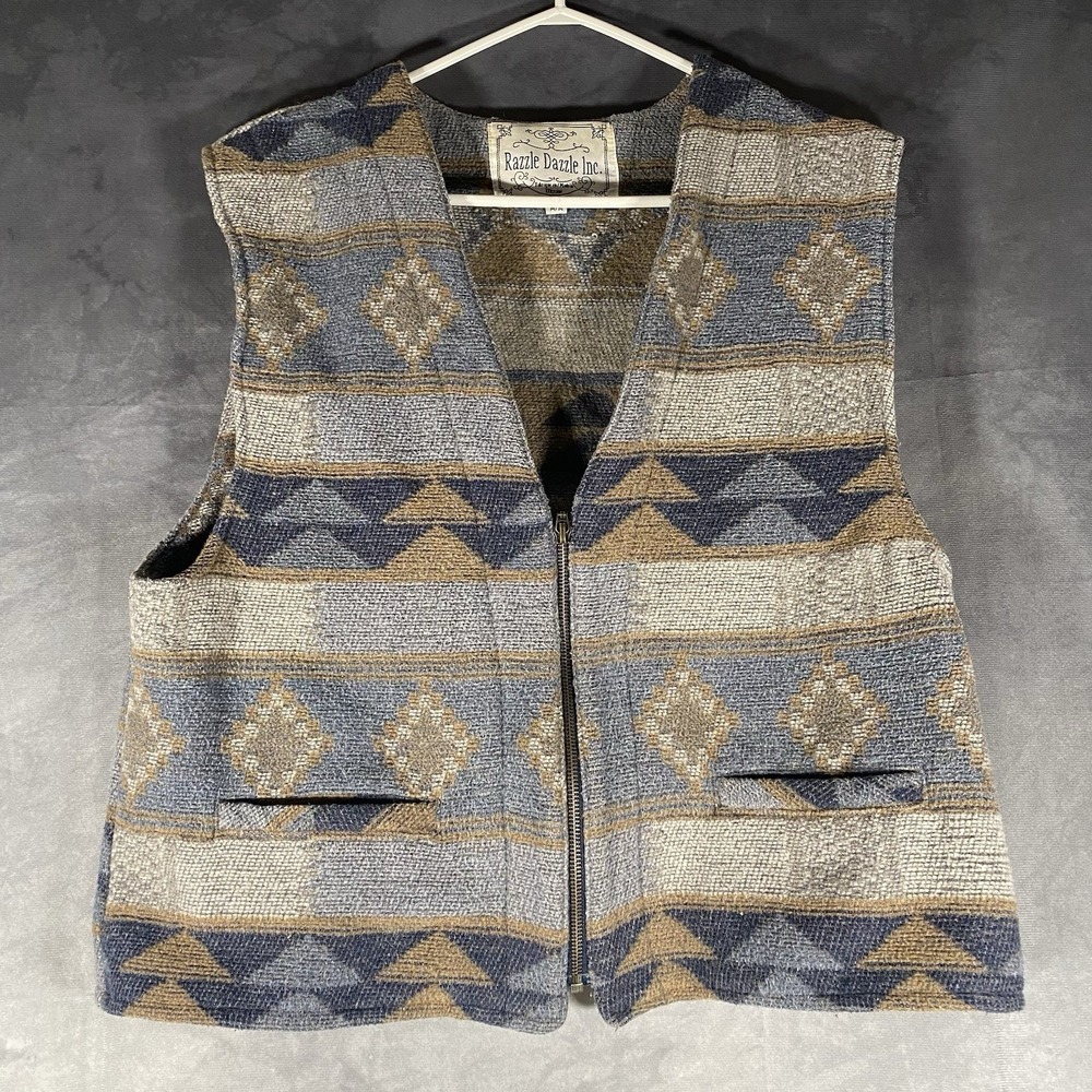 Razzle Dazzle Woven Vest Sz M Bohemian-Style Wool Blend Aztec Style Zip‎ Up